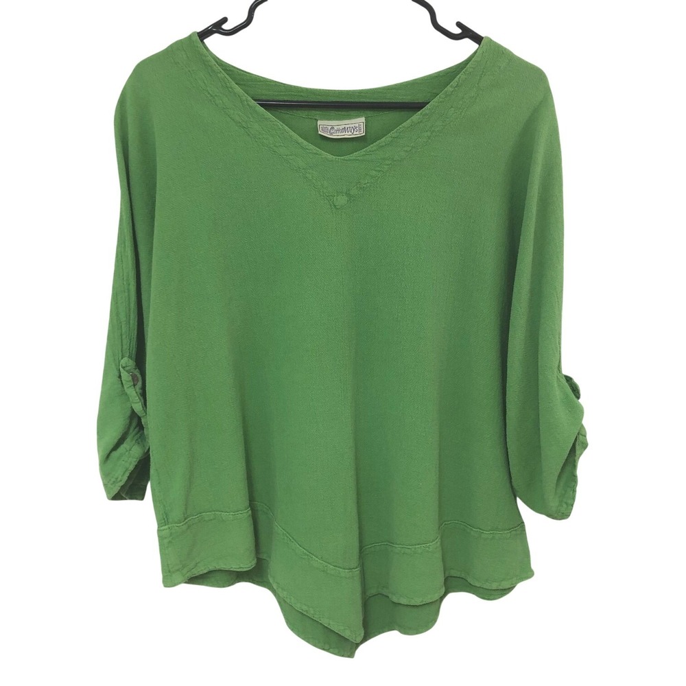 CottonWays 2 Gauze Tunic Top Roll Tab Asymmetric Lagenlook Boho Green Women L/XL